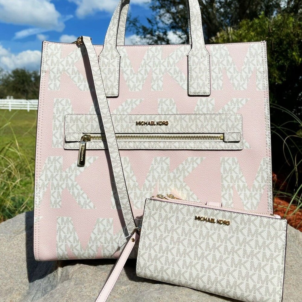 Michael Kors Kenly XL Tote Graphic Logo Vanilla MK Pink + Double Zip Wristlet - Picture 10 of 10